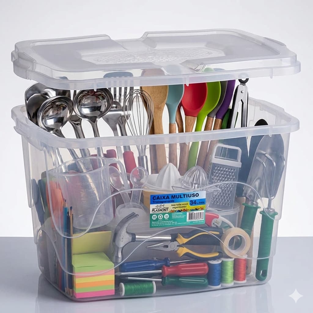 Kit 3 Caixa Organizadora 34 Litros Transparente Organizador Cesto Multiuso Resistente Com Alça Reforçado