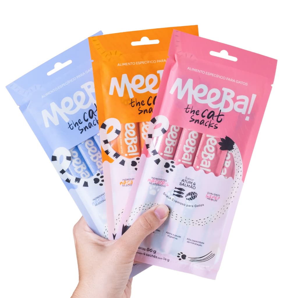 Kit Snack Úmido Petisco para Gatos Hidratação Desgustação 3 Sabores Meeba 12 Sachê