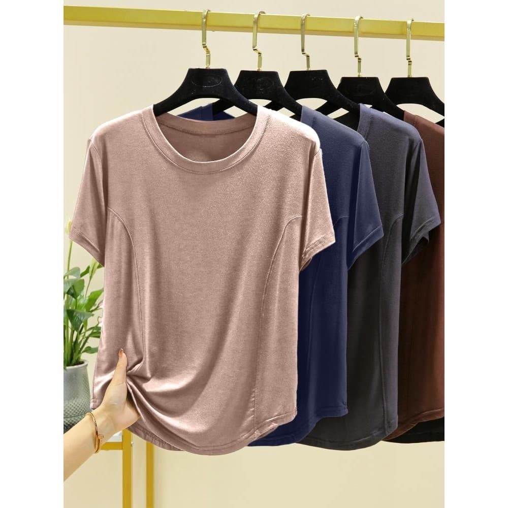 Modal feminino verão fino em torno do pescoço de manga curta camiseta magro ajuste mais magro olhar interior simples Cas