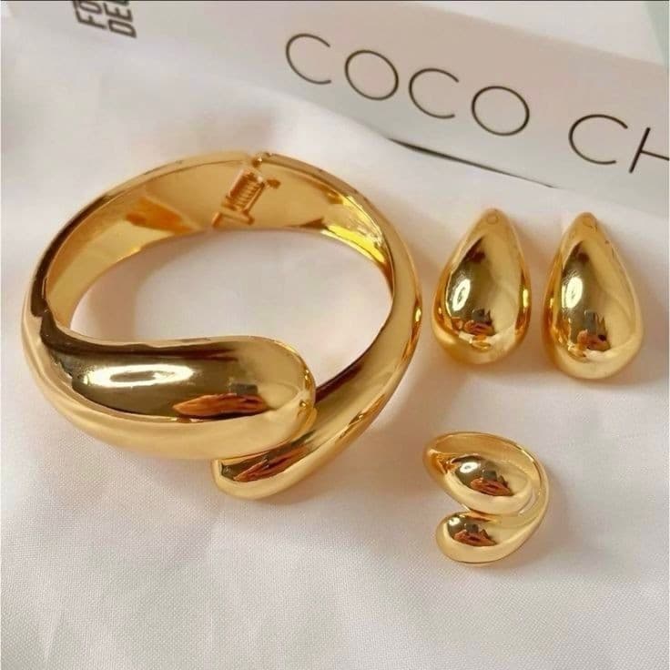 Conjunto Bracelete Brinco e Anel Gota Duplo Feminino Moda Luxo Duo Ouro Prata Acessórios Elegantes