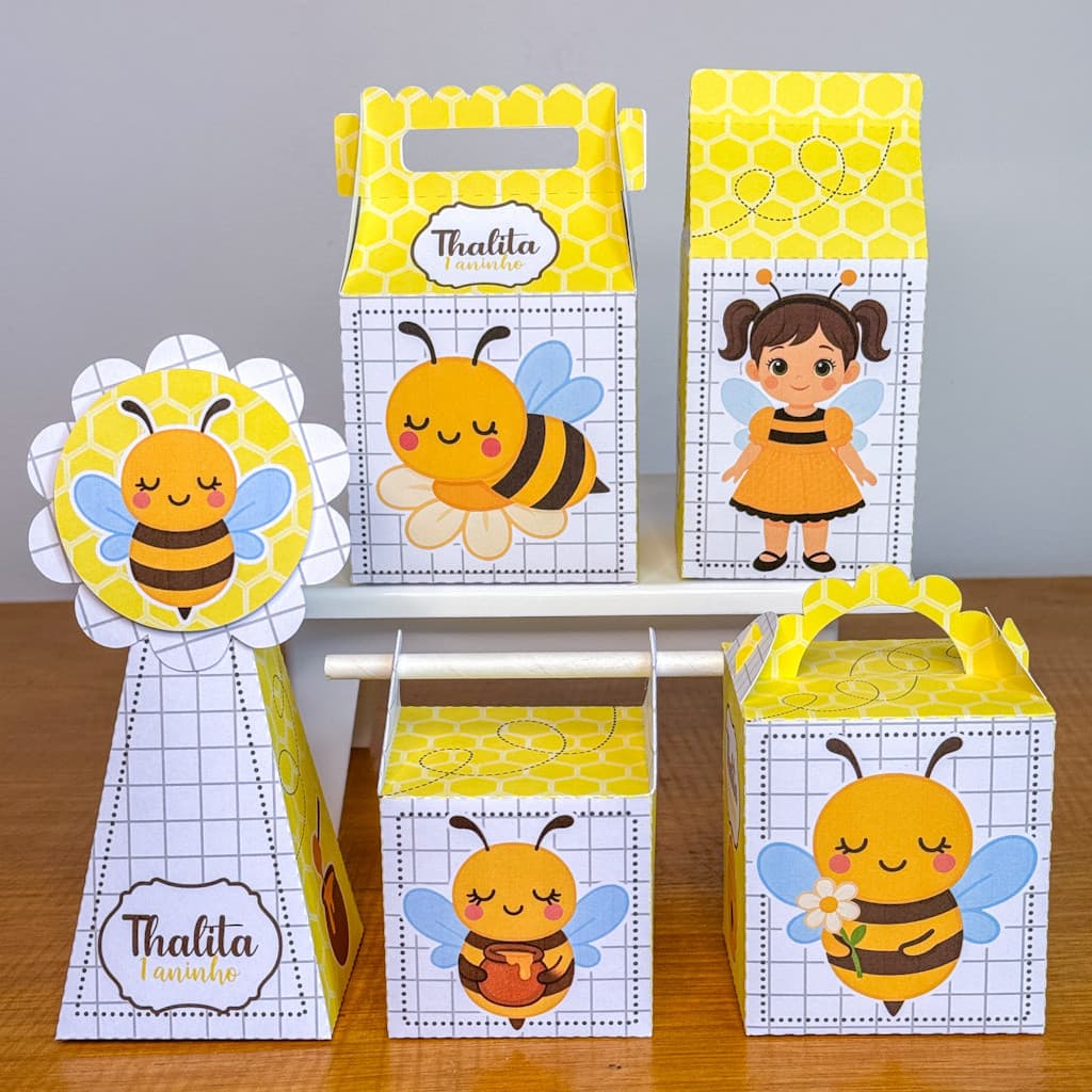 Kit Caixinhas Abelinha Papelaria Personalizada Festa Aniversário Caixa DESMONTADO