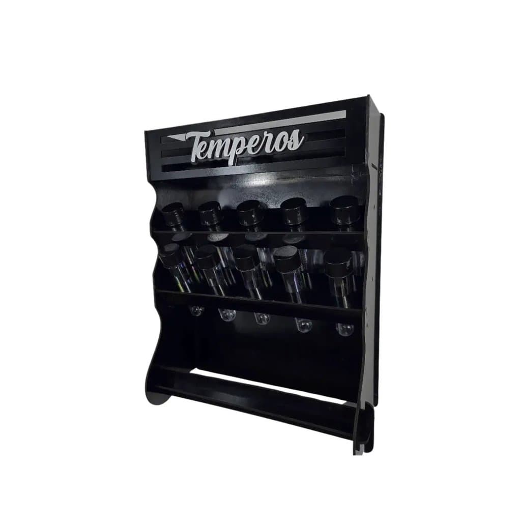 Porta Temperos de Parede Organizador de Cozinha com Suporte Papel Toalha e Tubetes MDF Preto Moderno