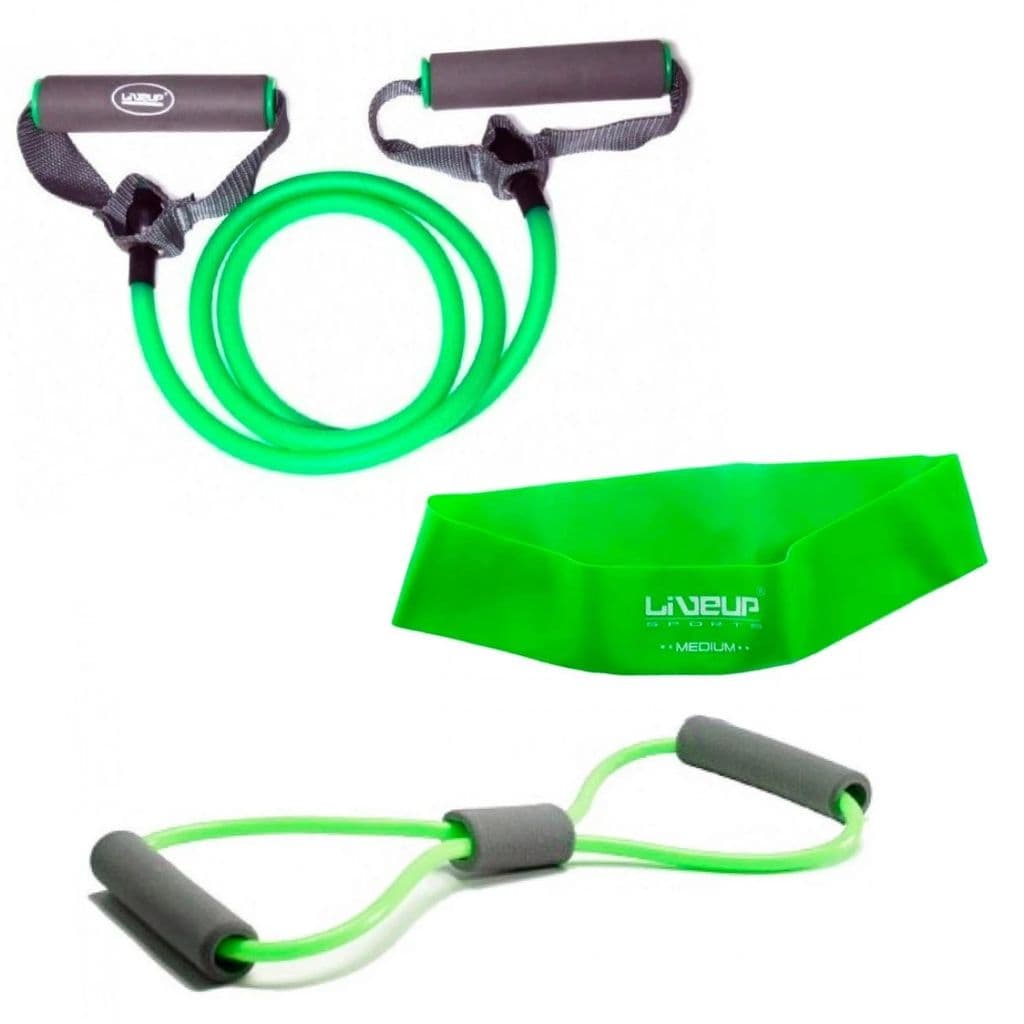 Kit Elásticos Exercício Mini Band Média + Extensor em Oito Médio Verde + Elástico Médio em Oito Treino
