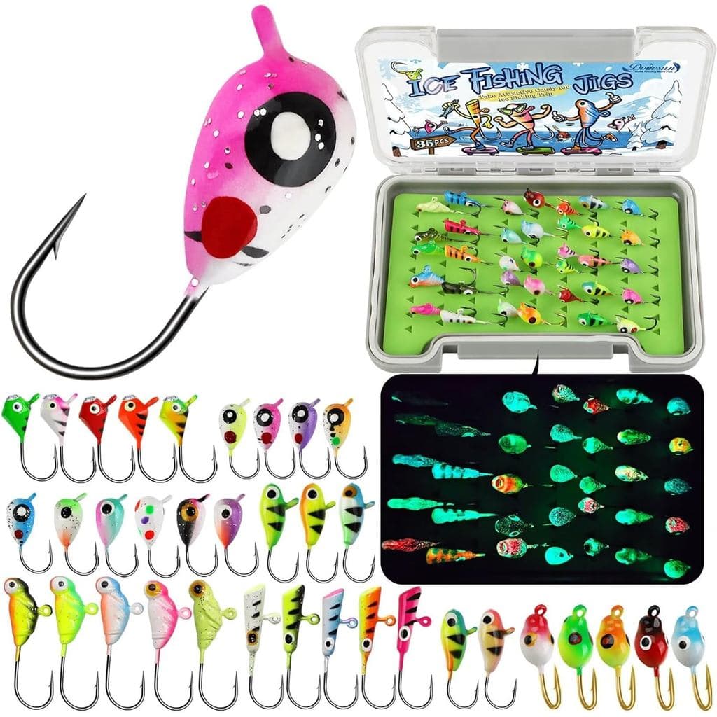 Kit de Iscas para Pesca no Gelo Dovesun, Iscas que Brilham no Escuro, 35 Peças de Cabeças de Isca com Caixa de Acessório