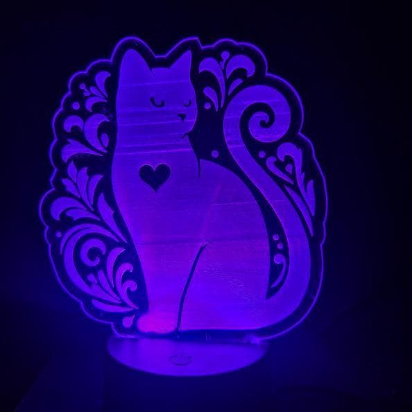 Luminária LED 16 Cores Decorativa 3D Tema Gato Coração com Controle Remoto