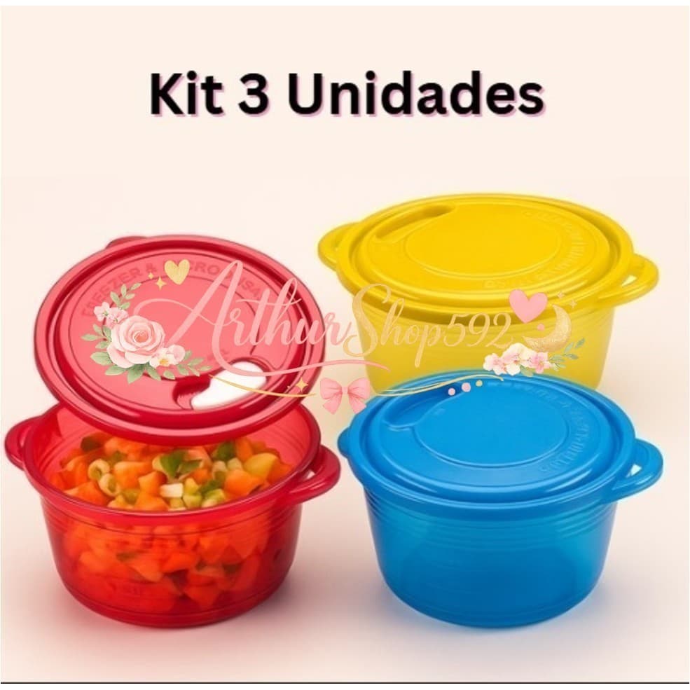 Kit 3 Potes Hermético 1L Multiuso Cores Sortidas – Micro-ondas, Freezer, ideal para Marmitas e RefeiçõesPEES