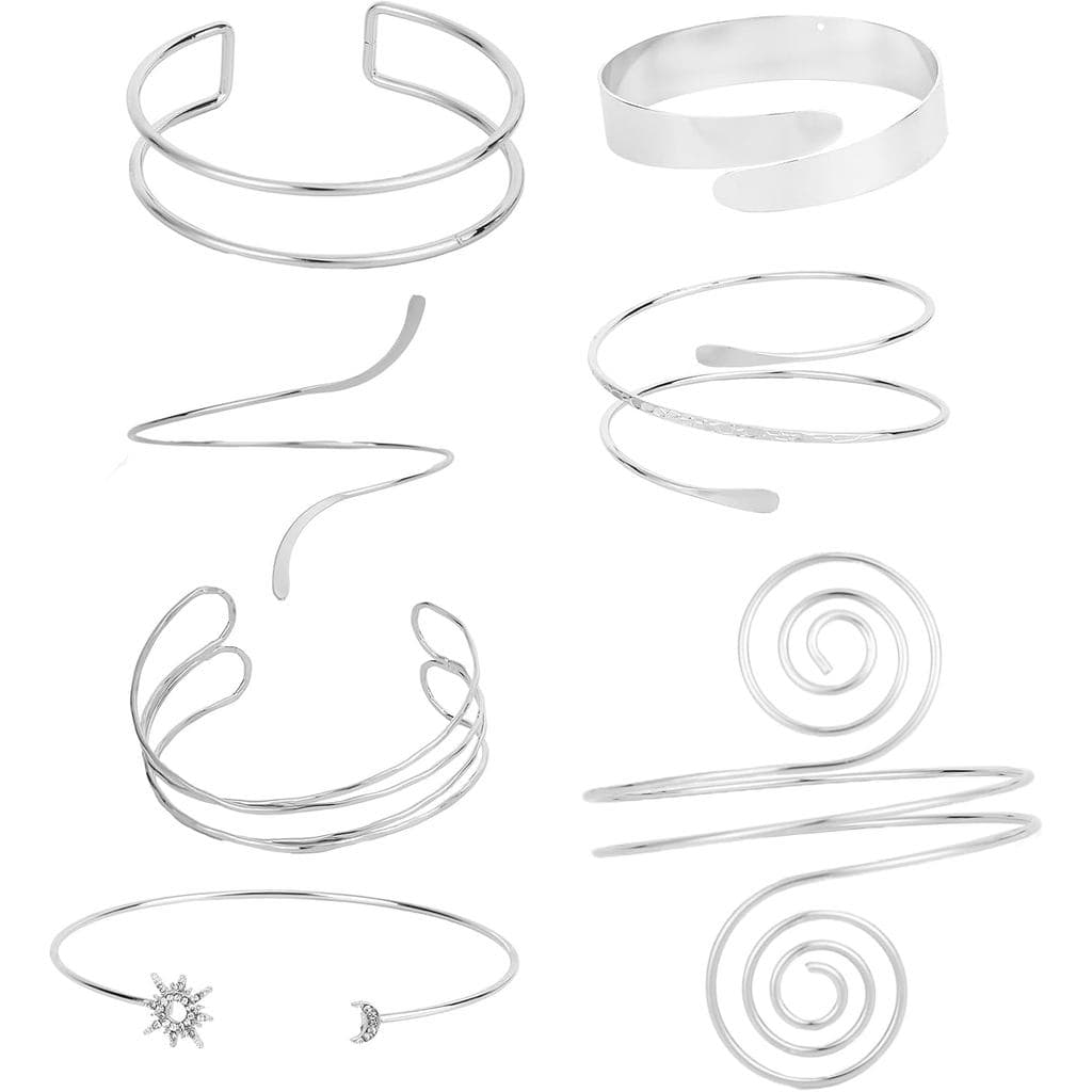 Conjunto de 7 Pulseiras de Braço, Bracelete Ajustável Prateado, Conjunto de Joias Minimalistas para Mulheres