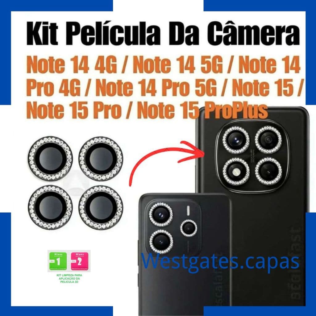 KIT Película Metal diamante Protetor Câmera Para Xiaomi Redmi Note14 4G 5G/ Note14 Pro 4G 5G /Note 15 /Note15Pro/Proplus