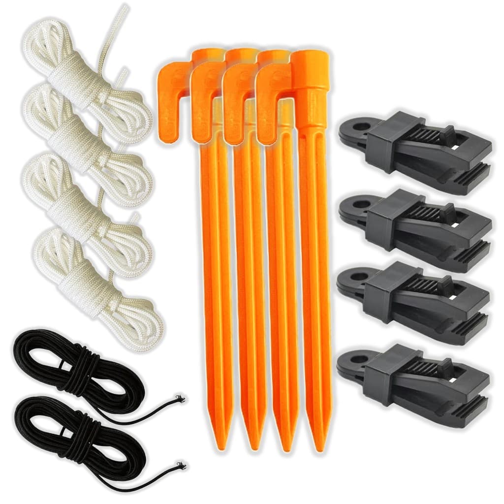 Combo Camping Fixação E Reparo: 4 Estacas + 4 Cordas 3mt + 4 Prendedores De Lona + 12m Elástico