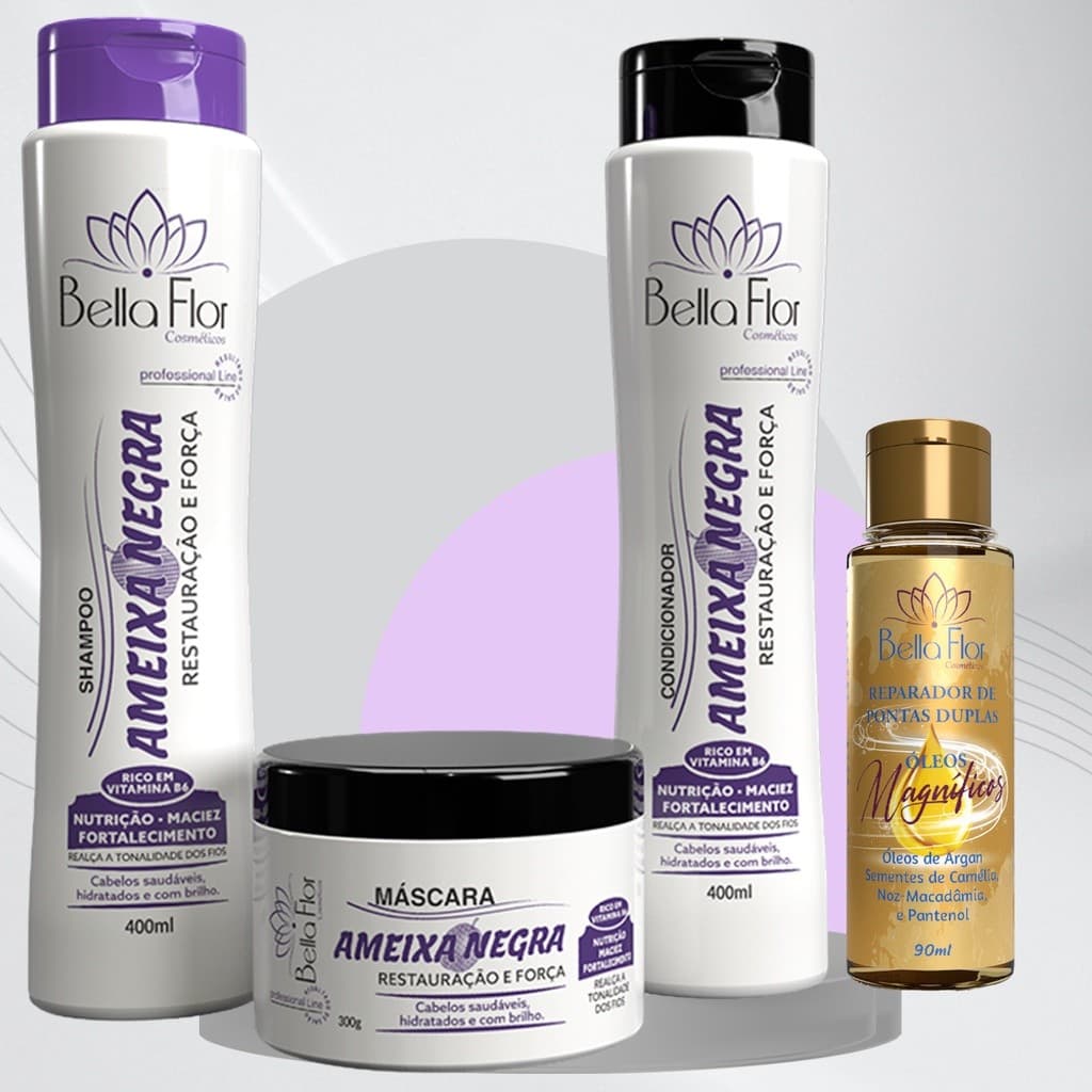 Kit Capilar Ameixa Negra 4 Produtos Shampoo Condicionador Máscara Reparador de Pontas Bella Flor Anti-Frizz Brilho