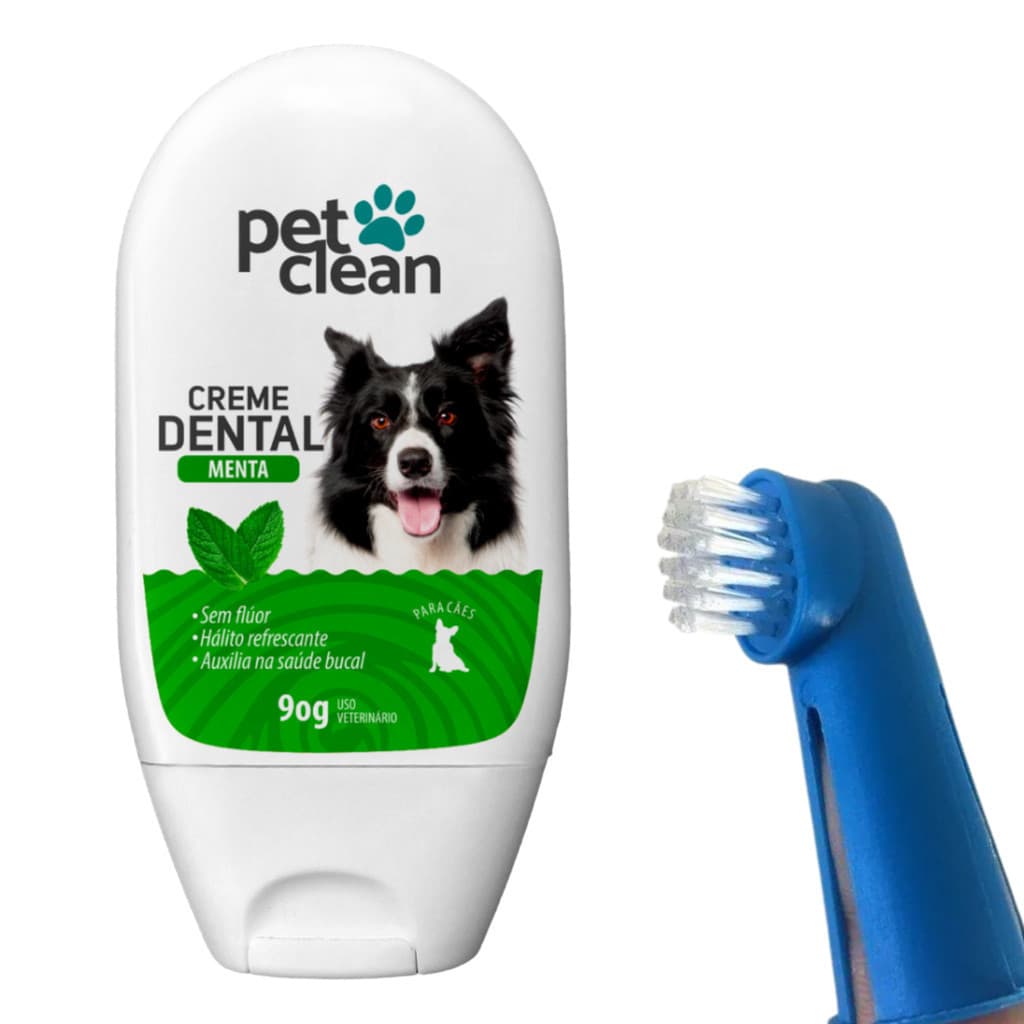 Kit 1 Escova De Dente Dedeira + Creme Dental Menta Pasta Dente para Cachorro Pet Para Cães E Gatos