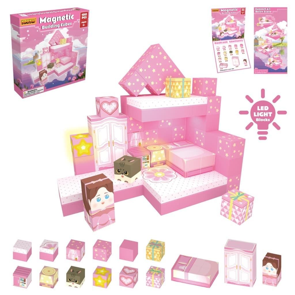100 Pcs Blocos De Construção Magnéticos Com Tema Rosa Atualizados Para Casa 2 Luz LED Integrados Diversão Finja Brincar