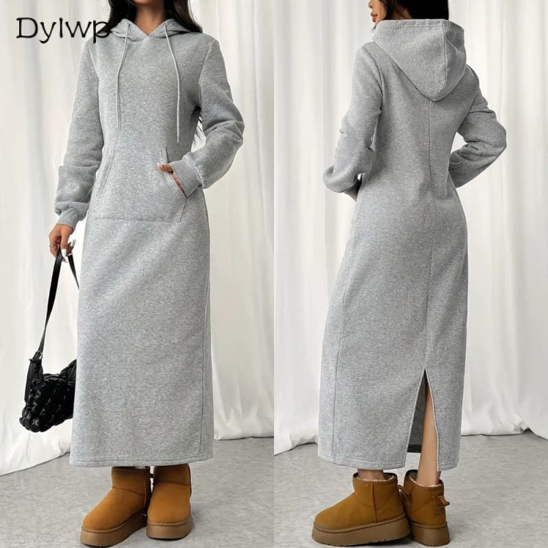 Vestido Feminino Com Capuz Primavera Outono Longo Casual-&