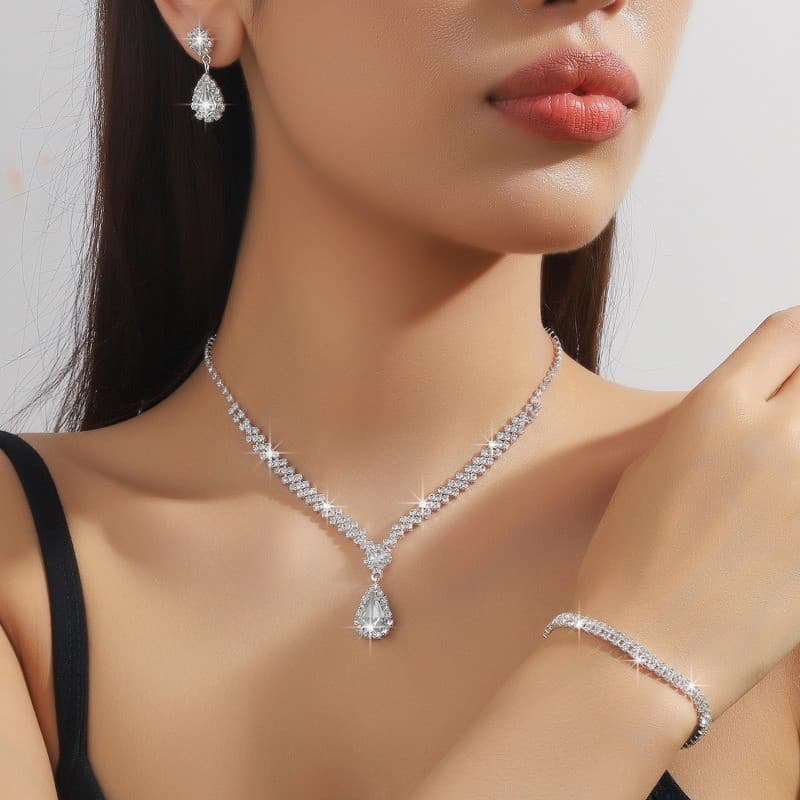 Conjunto De Joias De Noiva De Luxo-Colar , Brincos E Pulseira De 3 Peças , Acessórios Elegantes De Casamento
