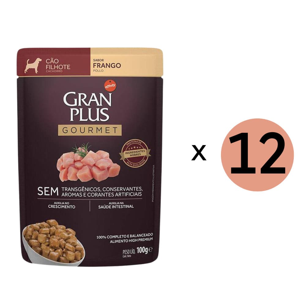 Kit 12 Ração Úmida Gran Plus Gourmet Cães Filhotes Frango Sachê 100Gr