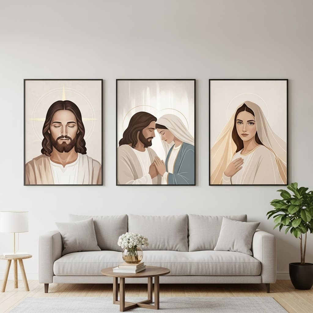 Kit 3 Quadros Modernos Jesus e Nossa Senhora Aparecida - Decoração Sala Luxo 2026