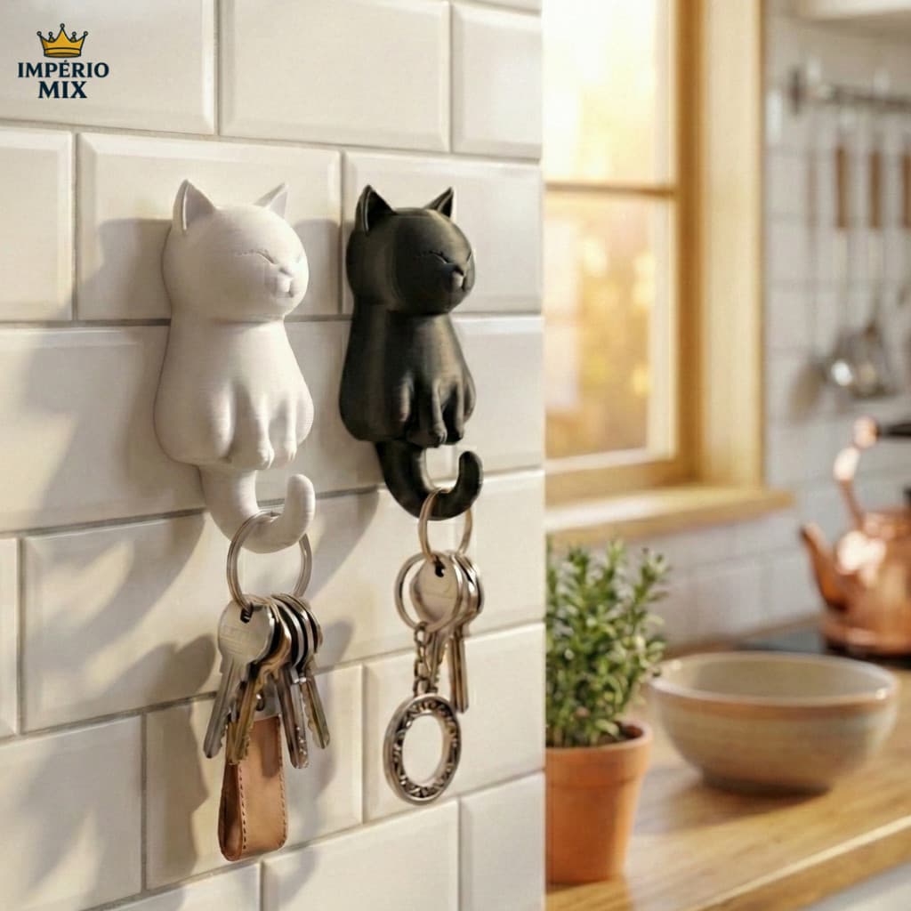 Kit 2 Ganchos Decorativos Gato – Porta-Chaves Fofo para Acessórios