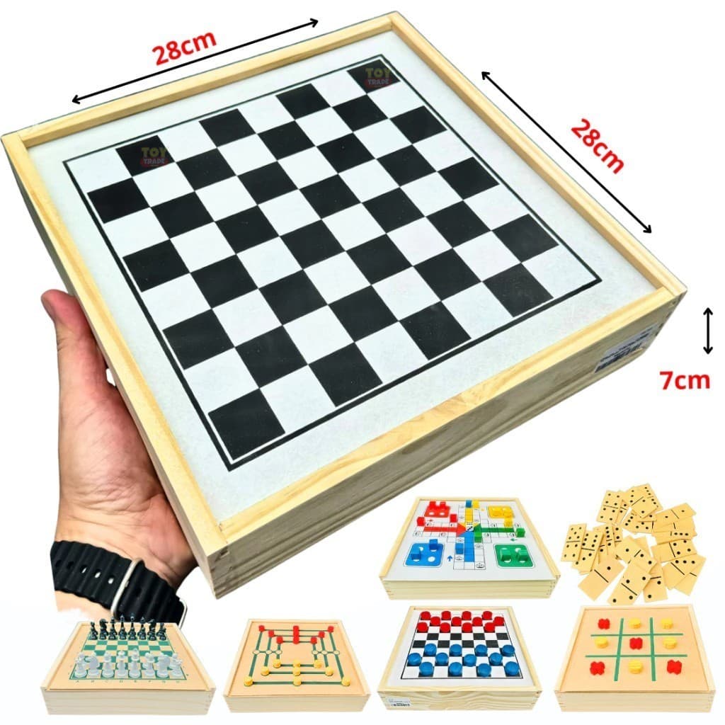 Jogo 6 em 1 Xadrez, Dama, Ludo, Dominó, Jogo da Velha e Trilha em Madeira