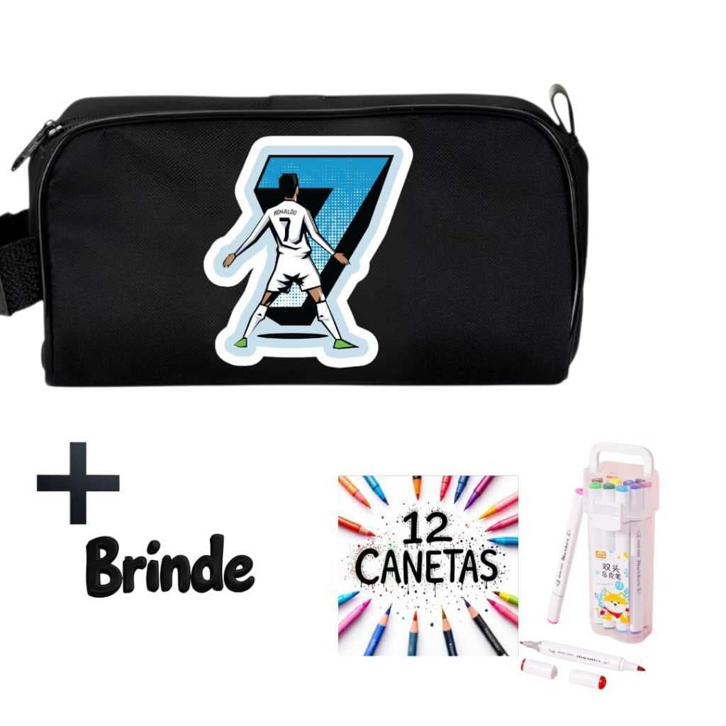 Kit Necessaire/Estojo Cristiano Ronaldo + Brinde 12 Canetinhas Coloridas Necessaire Bolsinha de Mão Òtima Qualidade