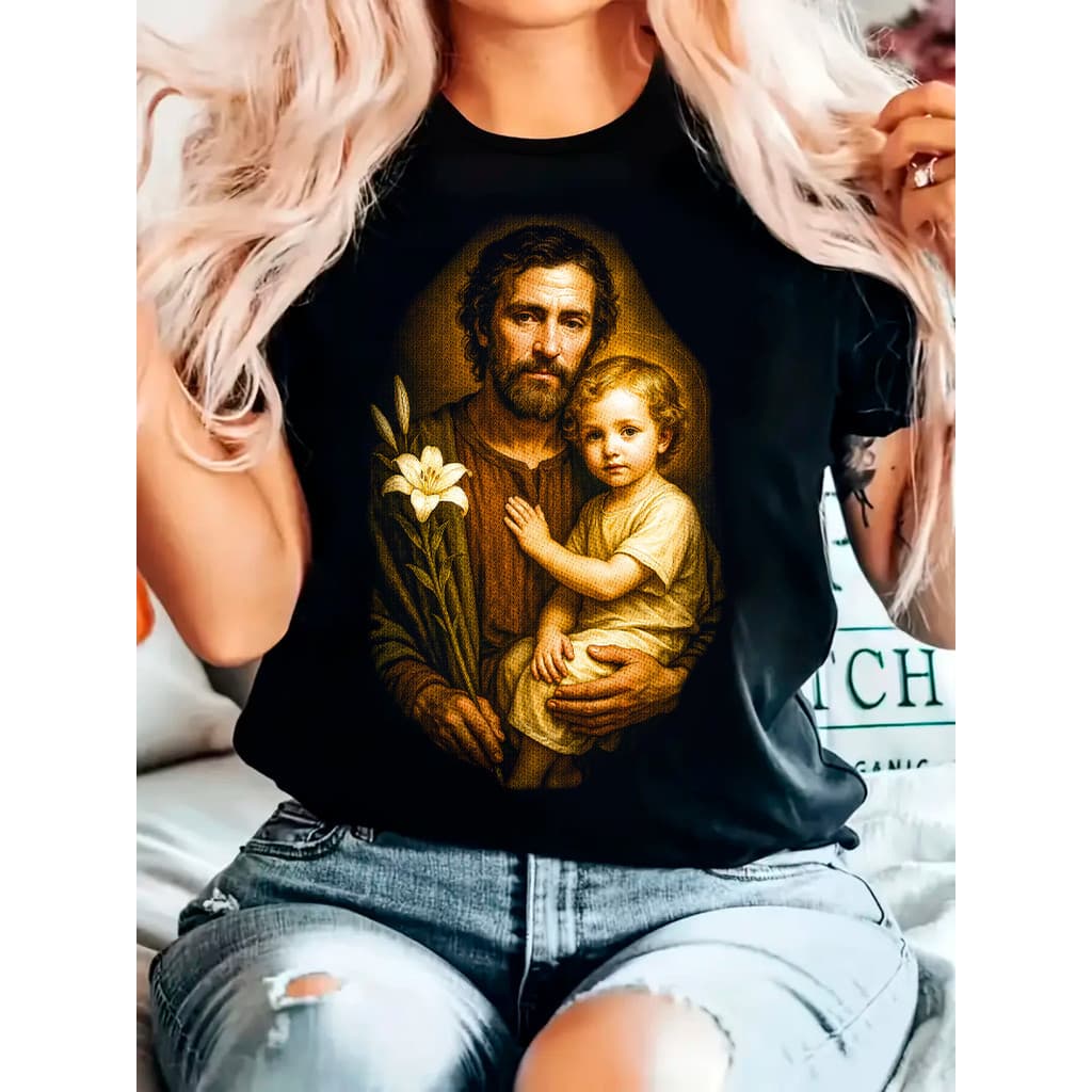 Camiseta Feminina São José com Menino Jesus Estampa Religiosa 100% Algodão Confortável Femenina