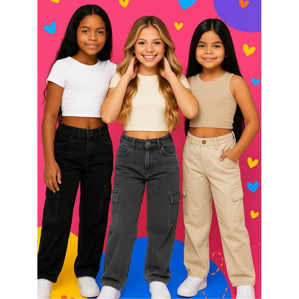 Calça Cargo Infantil Juvenil Jeans feminina Grafite Super tendencia Larga Bolso Na Lateral Alta