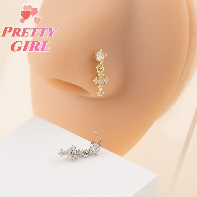 [Pretty ggirl] Anéis De Nariz Pendurados Para Mulheres , Piercing Com Zircônia Cruzada , Joias Em Formato De L , Acessór