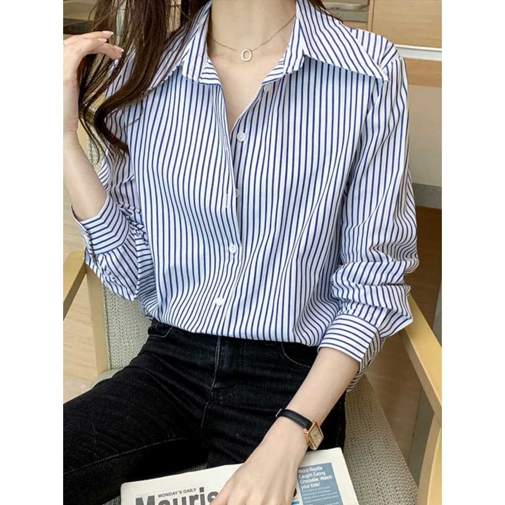 Camisa listrada azul branca feminina de manga comprida solta estilo preguiçoso ol Commuter All-Match profissional topo n