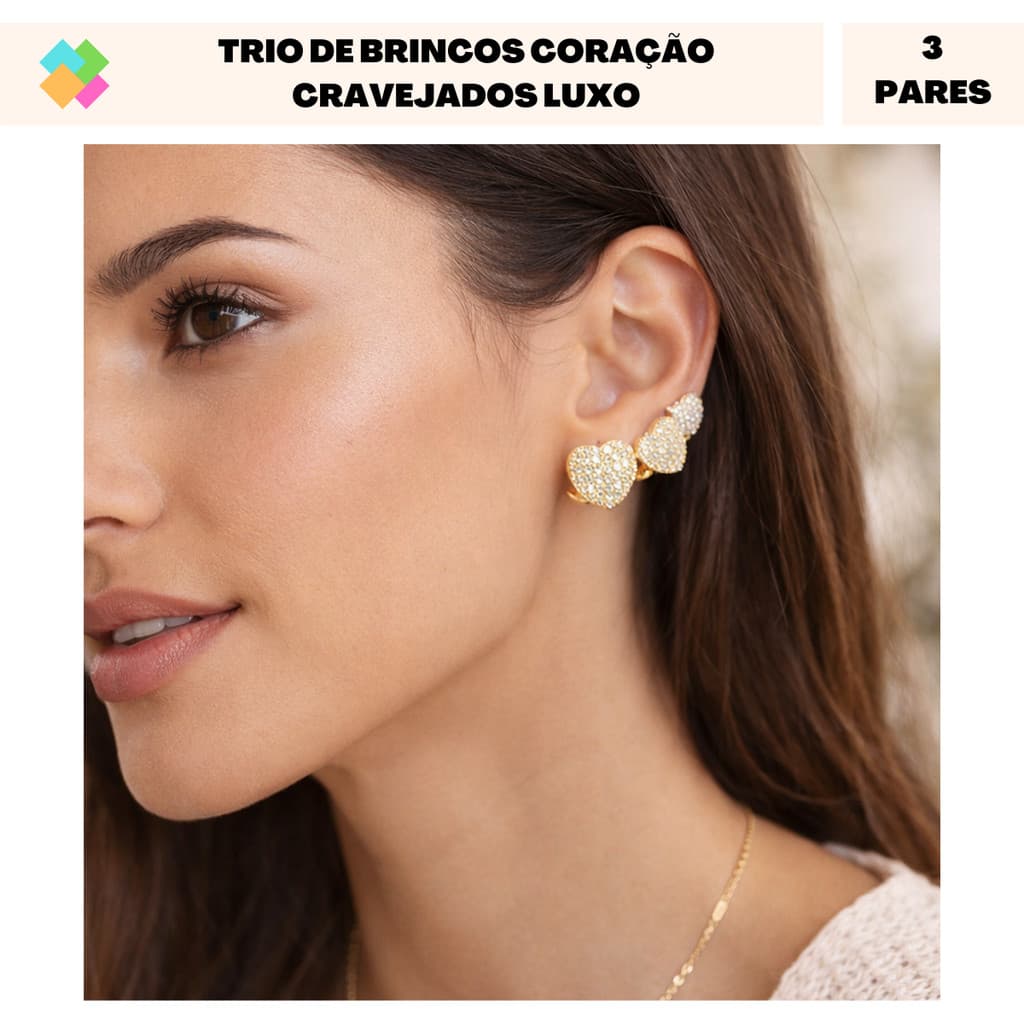Trio de Brincos Coração Cravejado Luxo (3 Tamanhos)