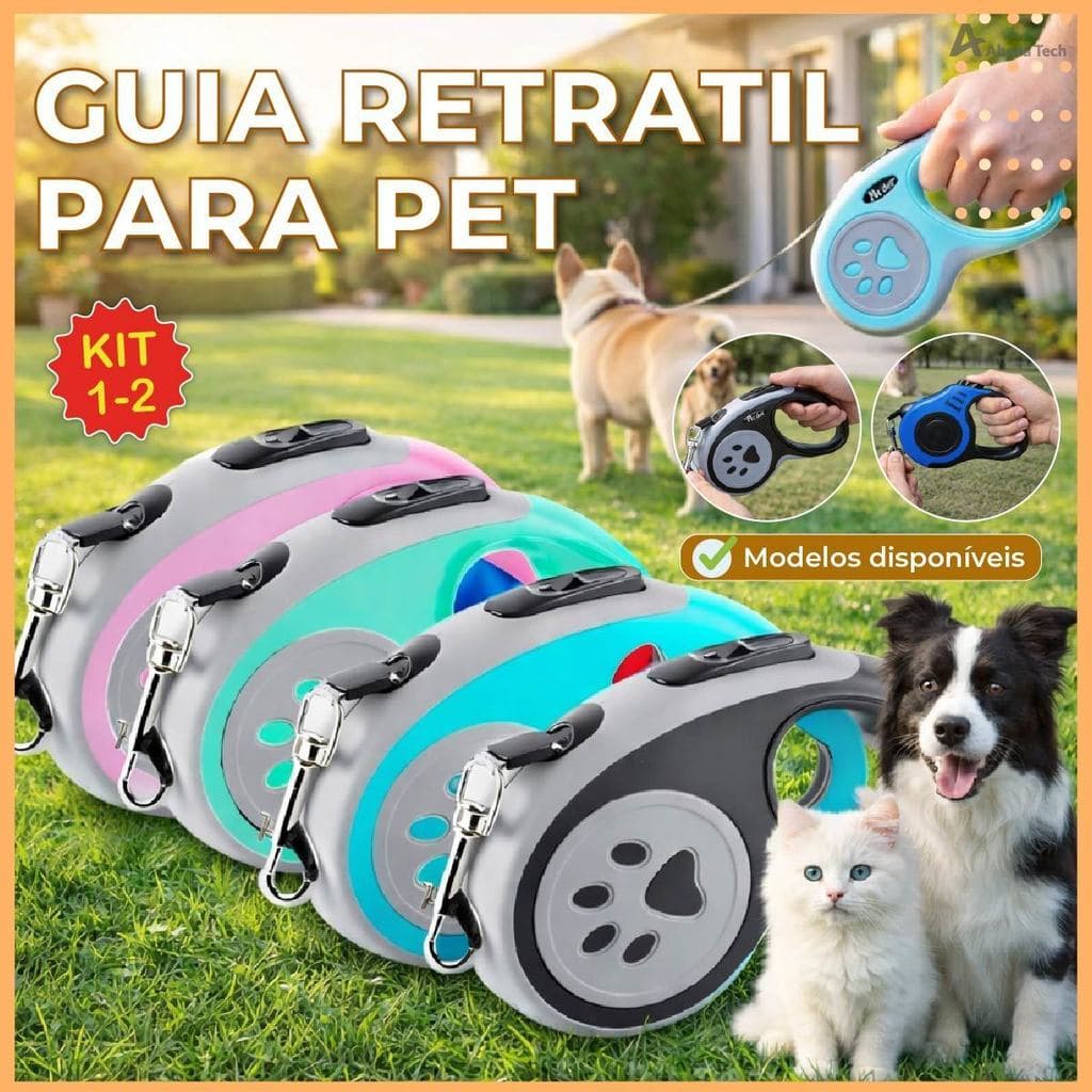 Coleira Guia Retrátil 3/5 Metros Pets Cachorro Cães Gatos Resistente com Trava até 12kg