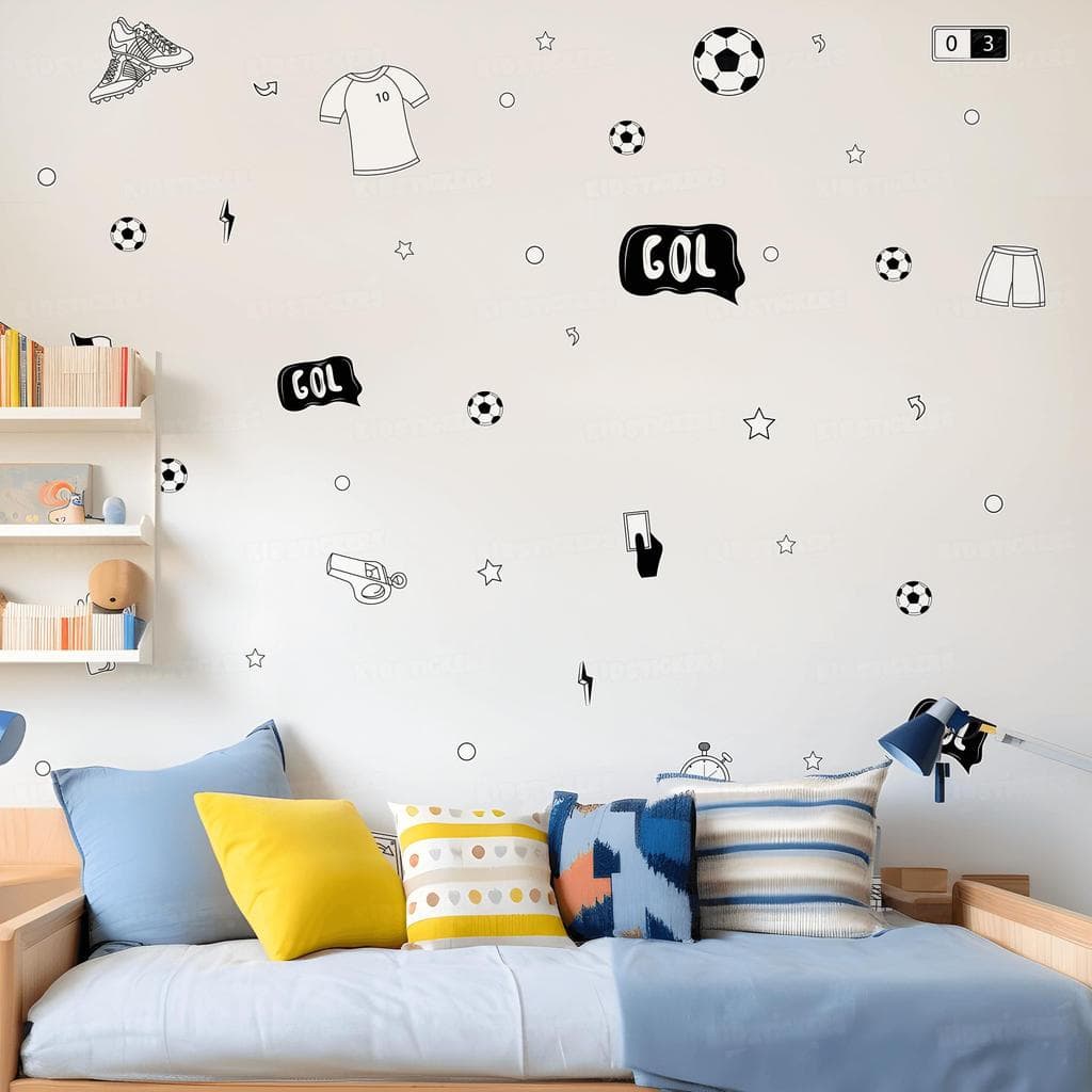 Adesivos de Parede Infantil Futebol com camisa, chuteira, bola, gol e apito