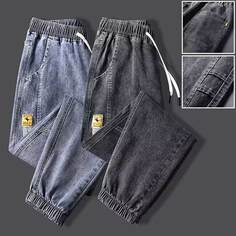 Calças de brim masculinas outono inverno 2024 novo estilo solto Harem tornozelo comprimento Tie-length forro de lã calça