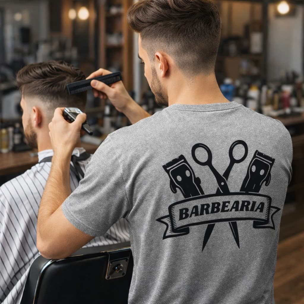 Camiseta Masculino Barbearia Uniforme Barbeiro Camisa Premium Salão Trabalho Cabelereiro Maquina
