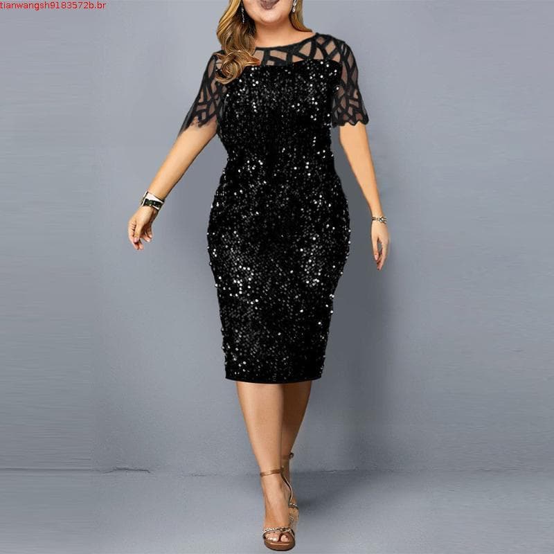 Plus Size P-5XG Vestido Feminino Festa Noite Elegante Temperamento Malha Magro Manga Longa Lantejoulas Vestidos 2025