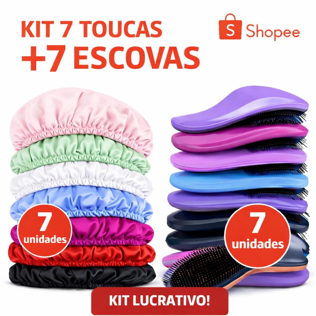 Kit 7 Toucas Cetim Anti Frizz + 7 Escovas Desembaracante Cabelos Cacheados Atacado Salão Revenda