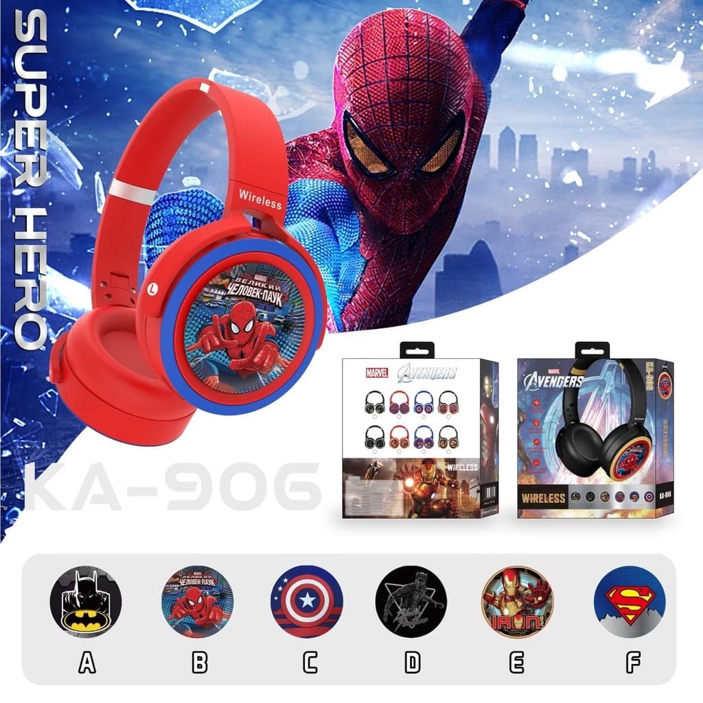 Fone de ouvido Bluetooth estéreo sem fio antera Negra, Homem-Aranha, Homem De Ferro Super Mario