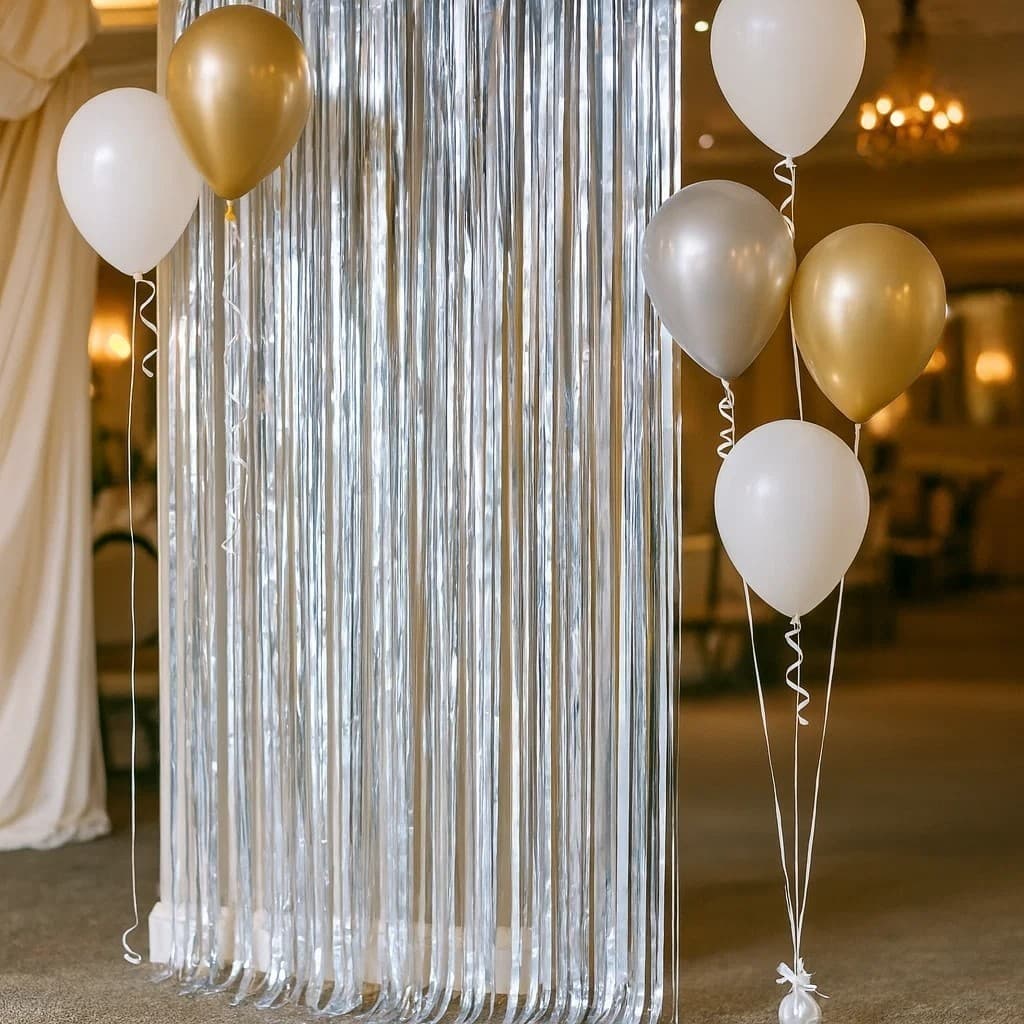 Cortina Fitas Metalizadas Decorativa Festa Evento Brilho Prateado Decoração Balões