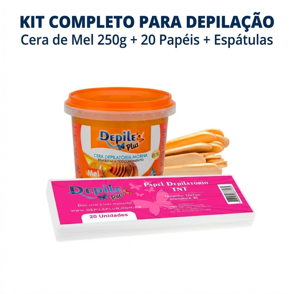 Kit Cera Hidrossolúvel 290g + Espátula Larga (Palito) 15 uni. + Papel TNT 20 uni. Depile Plus
