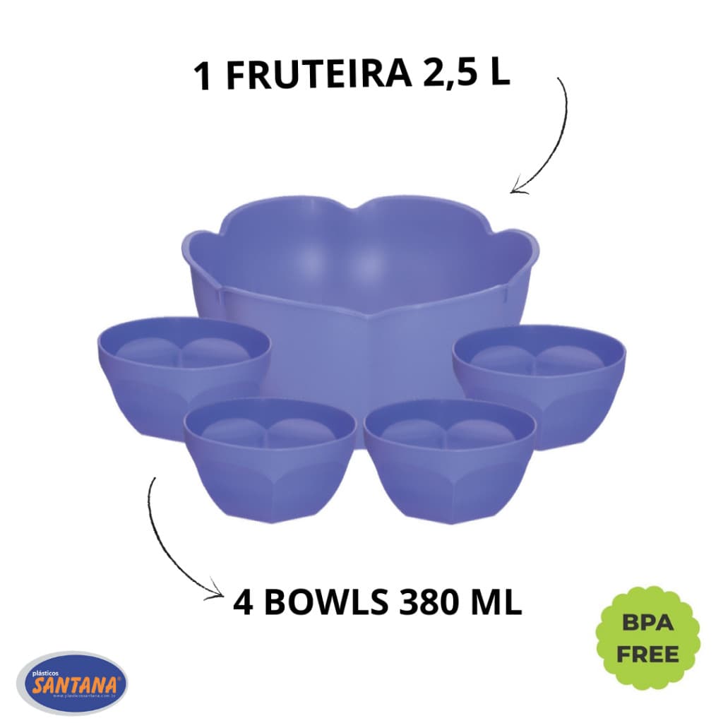 Kit 1 Fruteira 2,5 Litros+ 4 Bowls 380 ML Plástico BPA Free | Diversas Cores