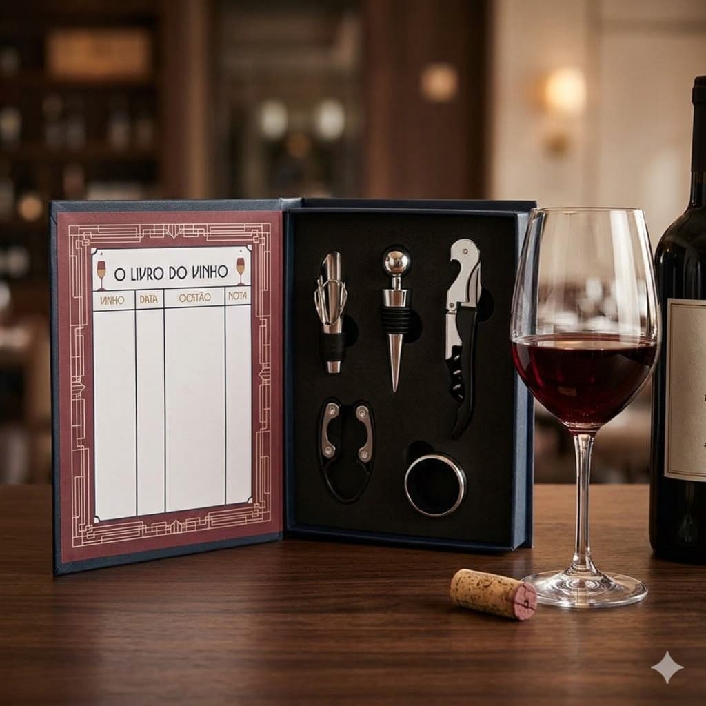 Kit Acessorios Completo 5 Peças em Caixa Sofisticada O Livro do Vinho Tudo sobre Vinho