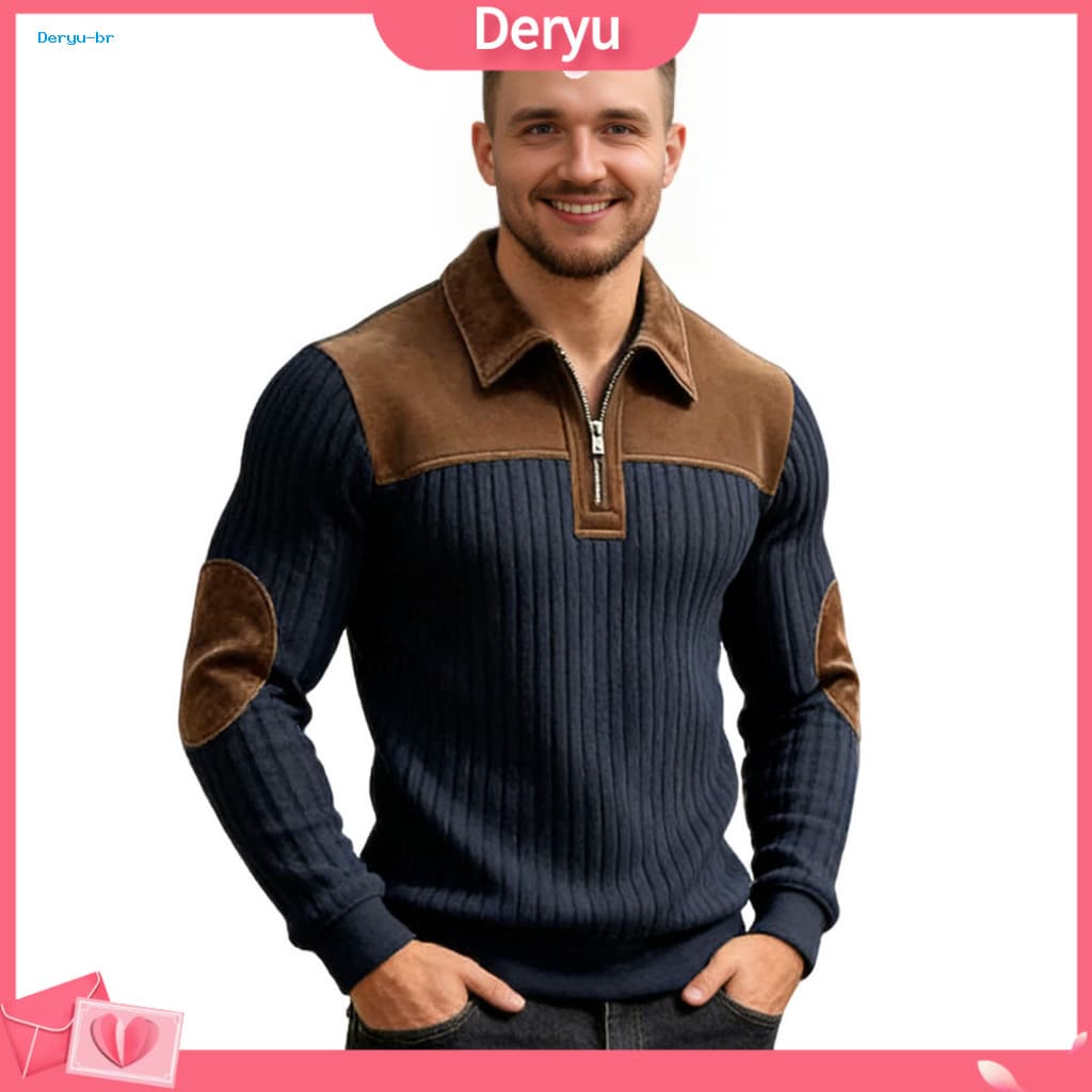 Men Sweatshirt with Elbow Patches Quarter Zip Shirt Men's Long Sleeve Pullover Color Block Jacquard for Daily for Southe