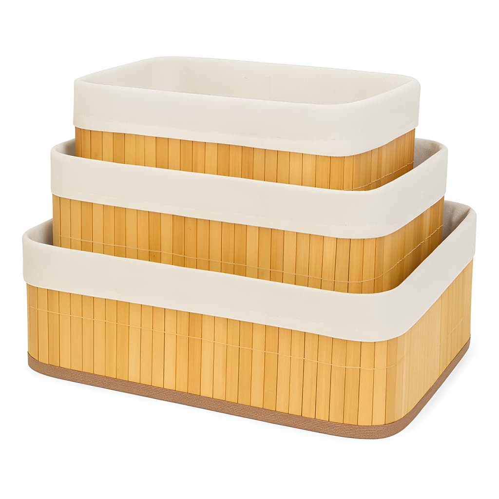 Kit 3 Cestos Organizador De Bambu Multiuso Com Forro Cozinha Banheiro