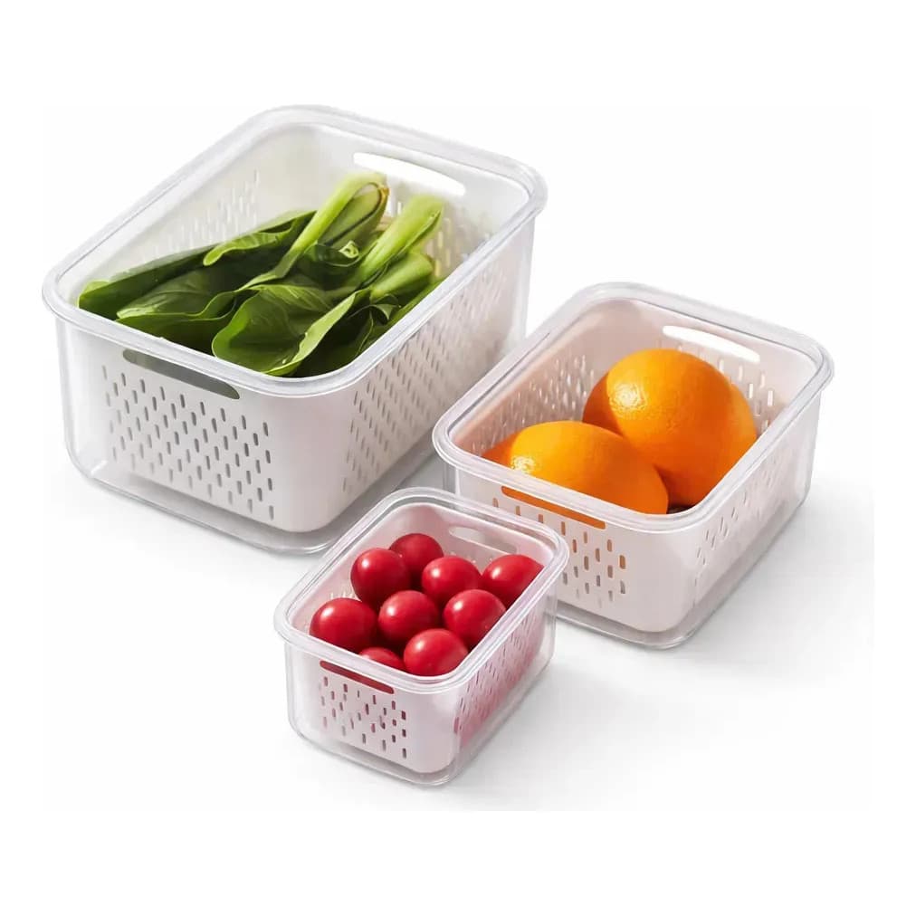 Organizador De Geladeira Kit 3 Potes Com Cesto Drenante