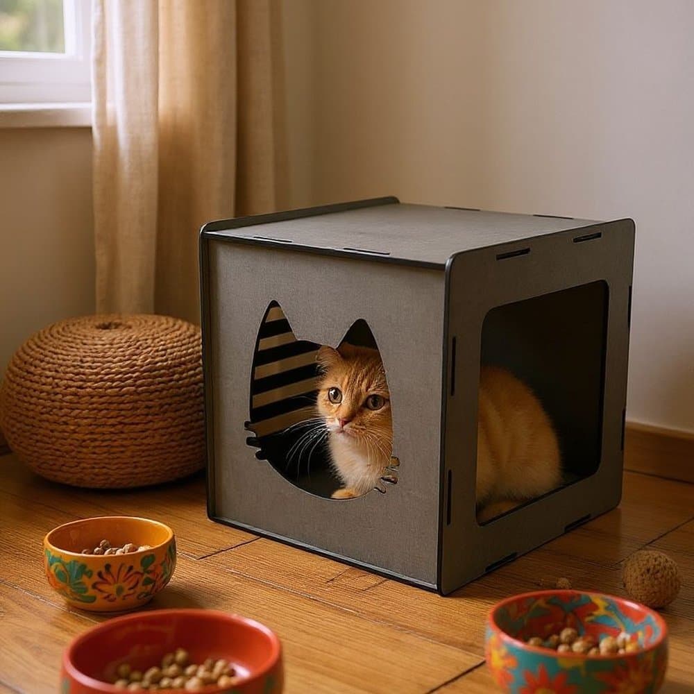Casinha Nicho para Gatos em MDF Linen Grigio