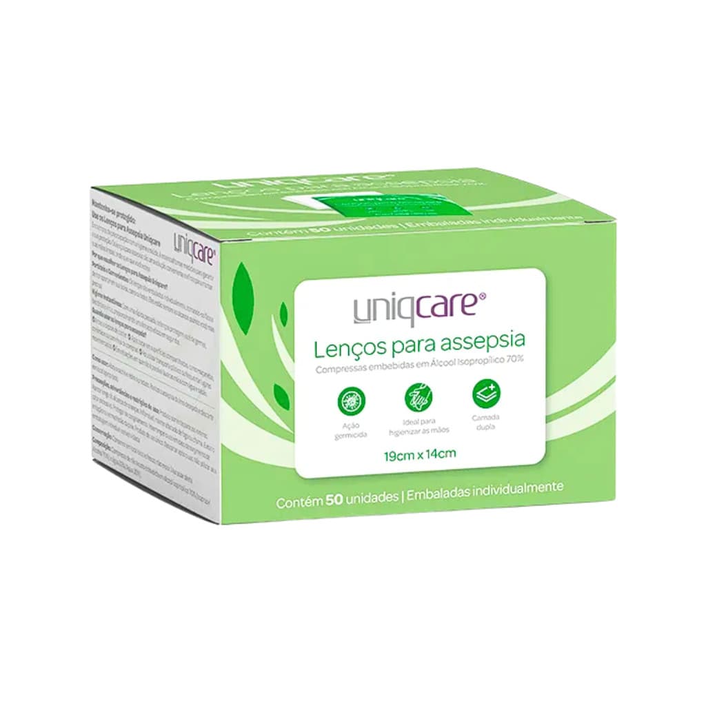 LENÇOS PARA ASSEPSIA UNIQCARE - CAIXA COM 50 UNIDADES - 190MM X 140MM - UNIQMED