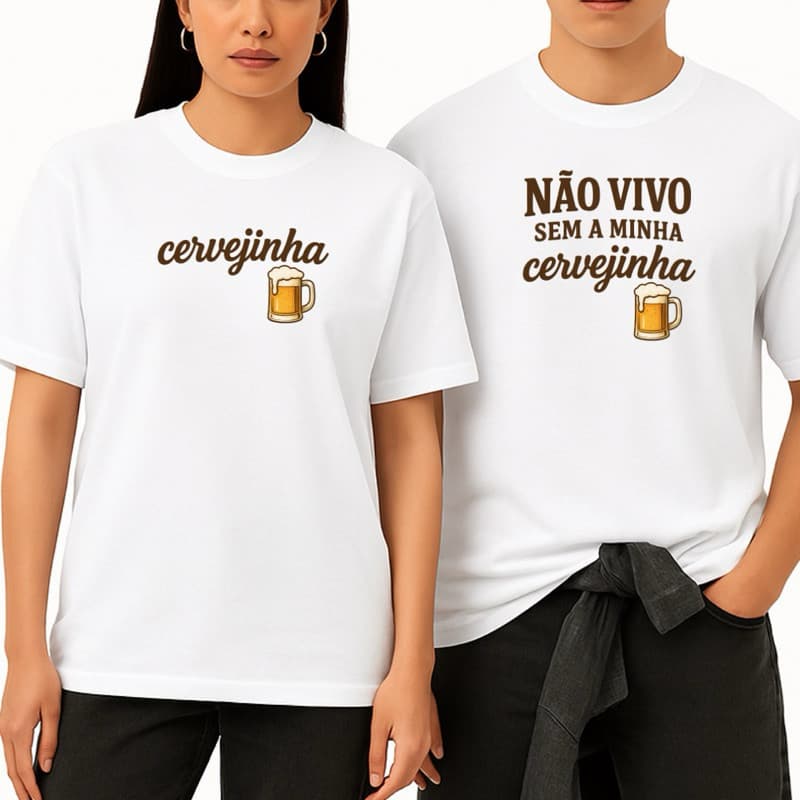 Kit 2 Camisetas Cervejinha Casal Camisetas Cores Diversas Masculino e Feminina 100% Algodão Premium