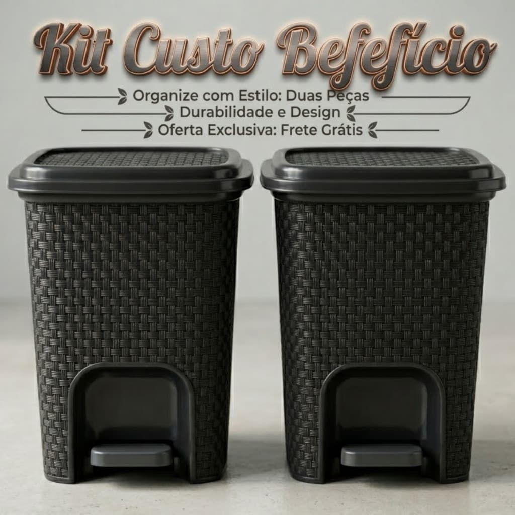 Kit 1 ou 2 Lixeiras Rattan 7L com Pedal Preta Banheiro Cozinha Moderna Compacta