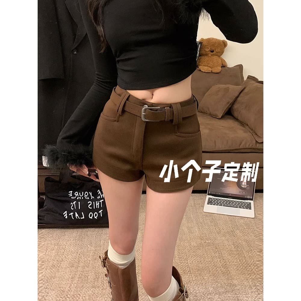 Xs botas combinando cor café Shorts de lã feminino outono inverno engrossado cintura baixa exterior usar calças marrons