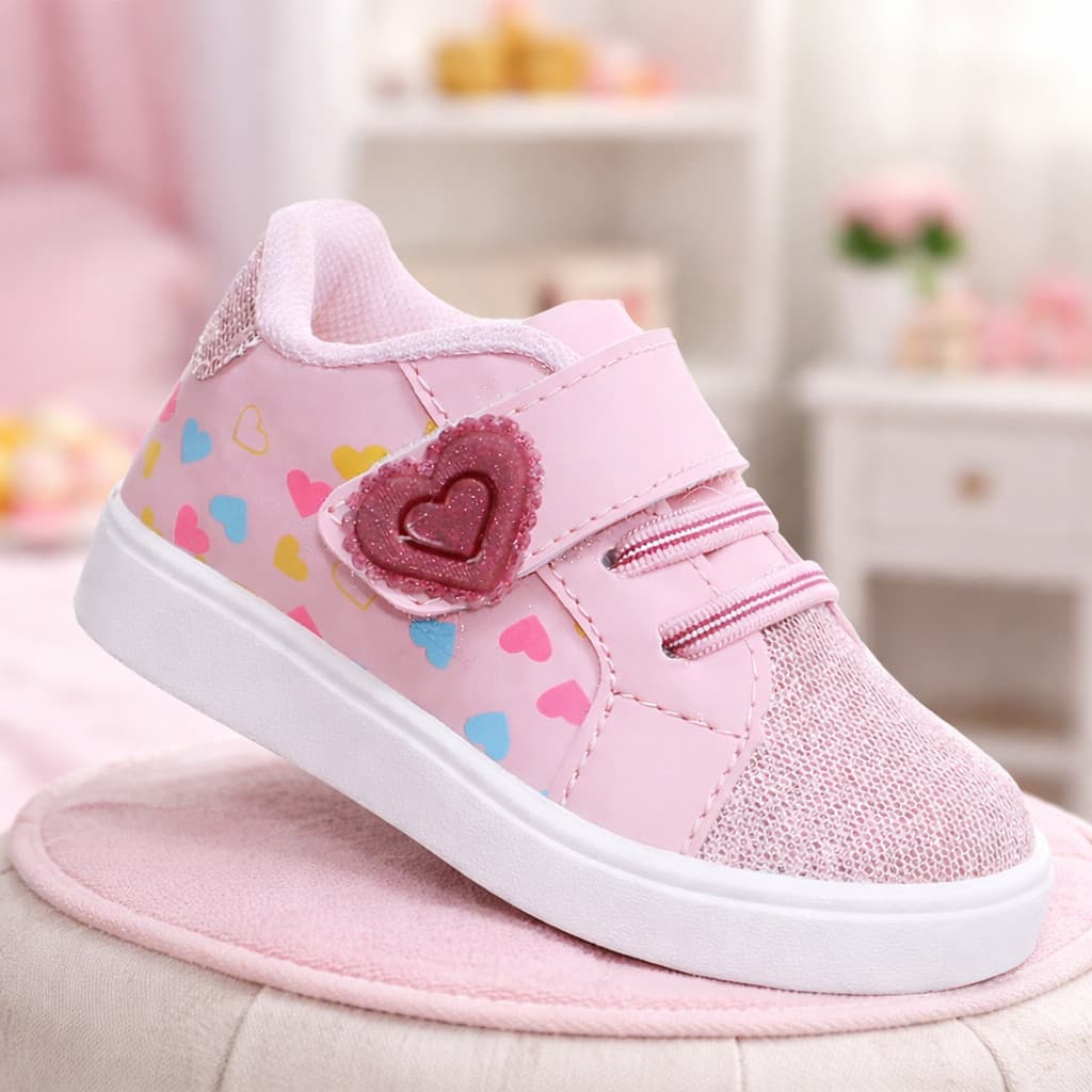 Tenis Moda Infantil de Menina Rosa Coração Colorido Leve Sapato de Criança