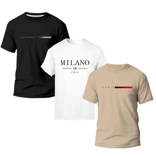Kit 3 Camiseta Camisa Masculina Paris Milano Style Minimalista 100% Algodão Malha 30.1 Lançamento Promoção