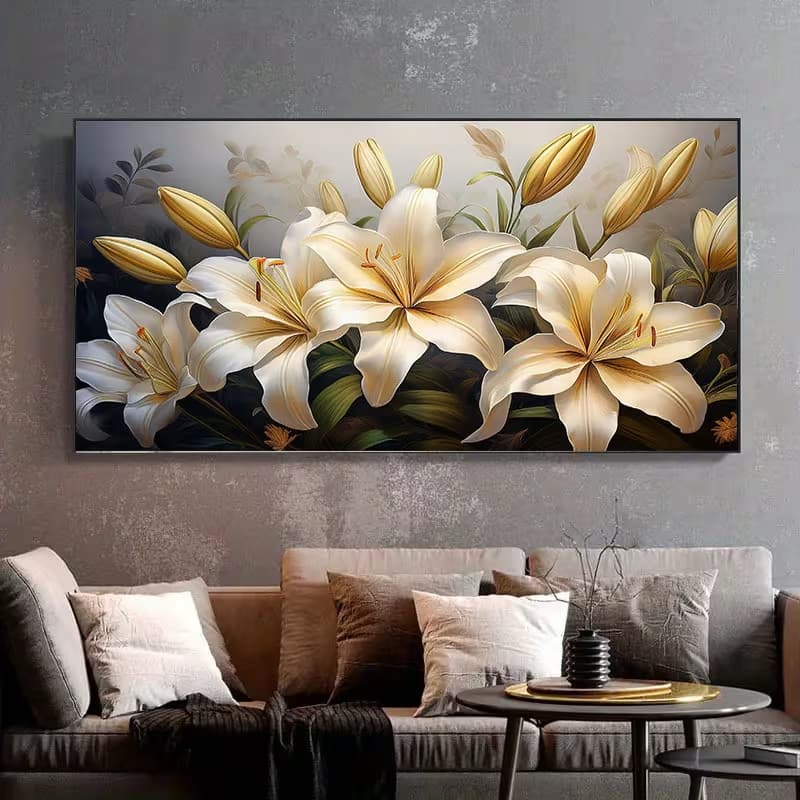 Quadro Decorativo Tropical Floral Lírios Amarelos Elegantes Abstrato Luxo Decoração Sala Quarto